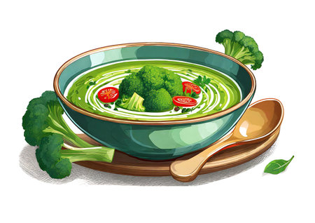 bowl of broccoli and tomato soup on white background, art designの素材
