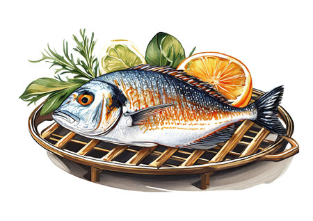 fish on a grill plate white background, art designの素材