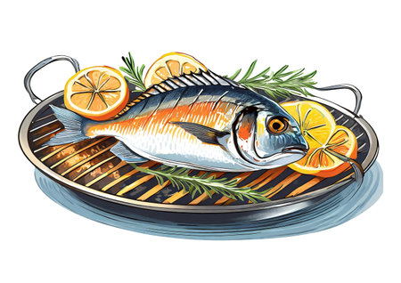 sea ââââbream on the grill white background, art designの素材