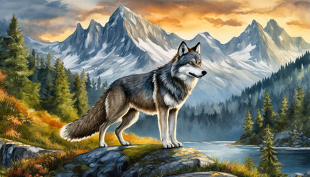Wolf in winter mountains, art designの素材