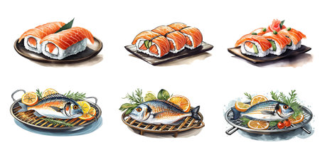 illustration of a set of seafood fish and sushi iconsの素材