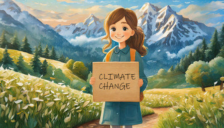 Painting girl holding sign saying with "climate change" in the mountainsの素材