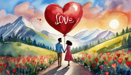 couple with heart shaped balloon, valentines day, art designの素材