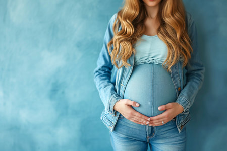 Young pregnant woman with belly against a blue wallの素材