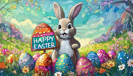 easter bunny with easter eggs and sign "Happy Easter"の素材