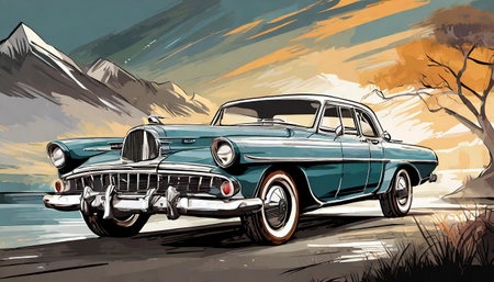 vintage car on the road, art designの素材