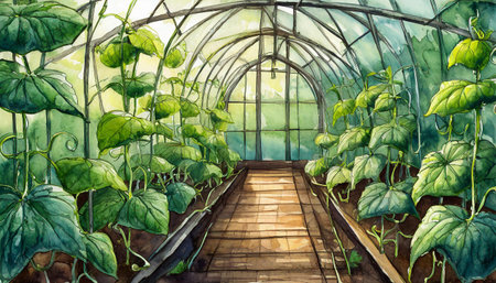 greenhouse garden with cucumbers plantsの素材