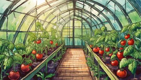 greenhouse with tomato plants, art designの素材