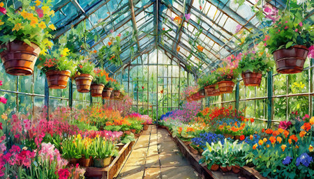 greenhouse with flowers in the spring, art designの素材