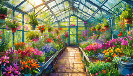 flower bed in the greenhouse in the spring, art designの素材