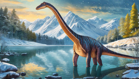 Brachiosaurus dinosaur walks alone into cold lake, art designの素材