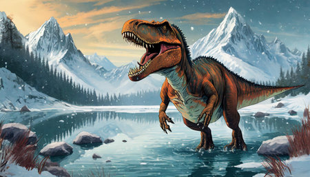 Tyrannosaurus rex walks alone into cold lake, art designの素材