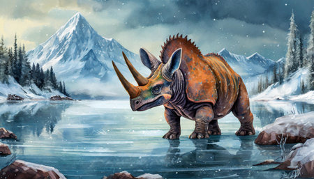 Triceratops dinosaur walks alone into cold lake, art designの素材