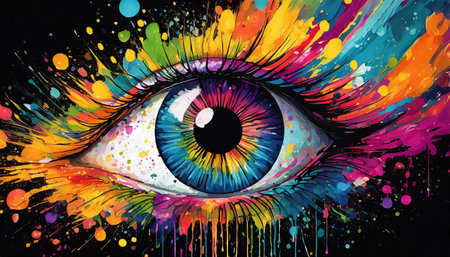 a colorful eye with paint splatters on the black backgroundの素材
