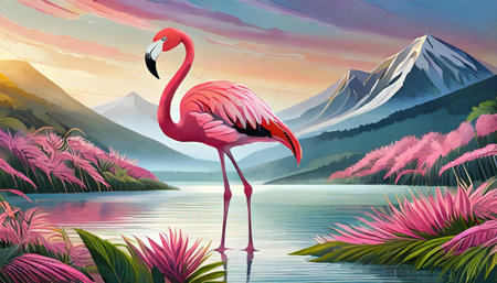 Flamingo in the water, art designの素材