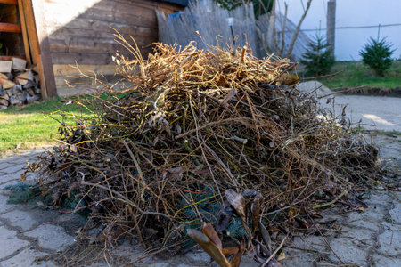 Pile of garden waste to burn in the gardenの写真素材