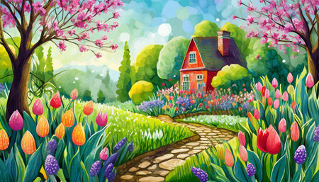 spring in the park with house art designの素材