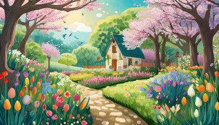 spring landscape with flowers and house, art designの素材
