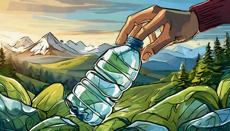 hand recycling a plastic bottle in the natureの素材