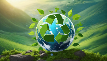 Green planet Earth with recycling symbol, art designの素材