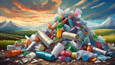 Landscape with plastic waste and garbage as environmental pollution, art designの素材
