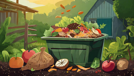 composting food waste in backyard compost bin garden art colorの素材