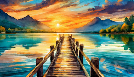 sunset on the lake with wooden jetty, art designの素材