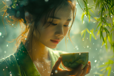 Young Japanese woman drinks tea from a cupの素材