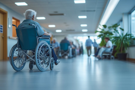 old man in wheelchair in retirement homeの素材