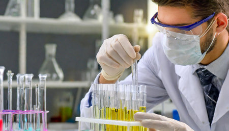 scientist in laboratory with tubesの素材