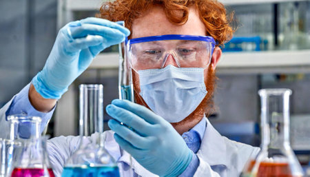 scientist man in laboratory with tubesの素材
