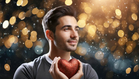 Young man holding a red heart in his hands with bokeh background, Valentine's Dayの素材