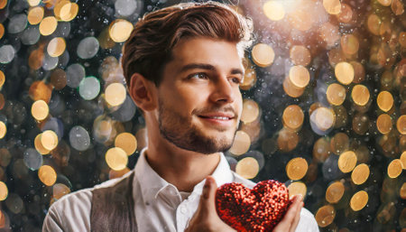 Young man holding a red heart in his hands with bokeh background, Valentine's Dayの素材