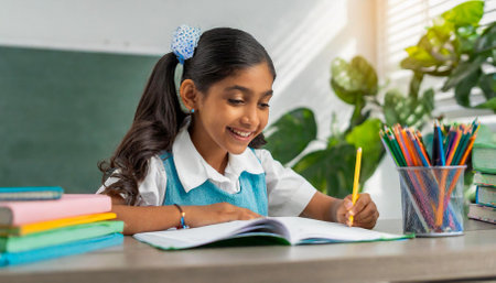 young girl studying in classroomの素材