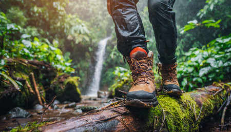 hiking in the forest with hiking shoes and tree trunkの素材