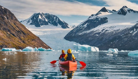 kayaking in the mountains with ice rocksの素材