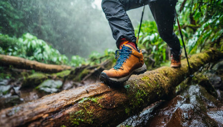 hiking in the forest with hiking shoes and tree trunkの素材