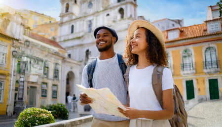 Happy young travelers exploring in city in Europeの素材