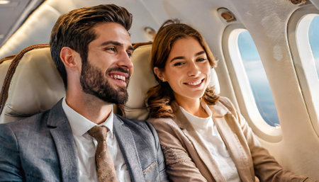 Happy smiling couple is flying in a business airplaneの素材