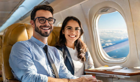 Happy smiling couple is flying in a business airplaneの素材