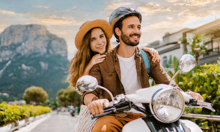 couple on a motorcycle on holidayの素材