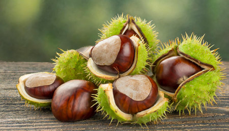 Chestnuts with green peel on a tableの素材