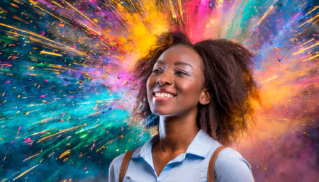 African woman with exploding colors on face and in backgroundの素材