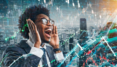 young black businessman is happy that the stocks on the stock market are risingの素材