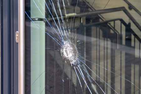 Burglary with broken glass on a doorの写真素材