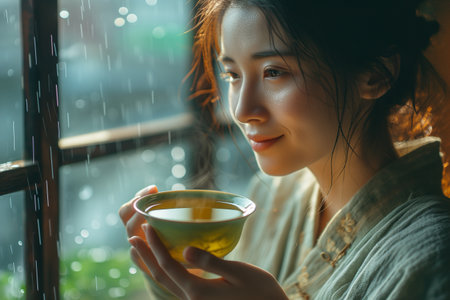 Japan young woman drinking teaの素材