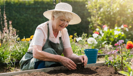 an elderly white old woman working in the garden in the springの素材