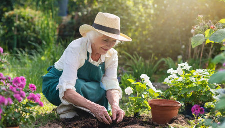 senior person planting flowers in gardenの素材