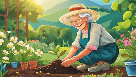 old lady planting flowers in garden, art designの素材