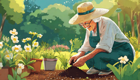 old woman planting flowers in the garden, art designの素材